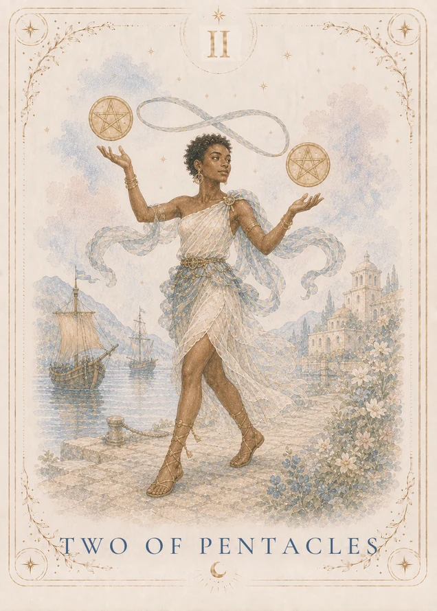 A figure steps along a stone waterfront with a gold pentacle floating above each raised palm; a ribbon forms a sideways figure eight overhead, with two sailing ships and pale buildings behind.