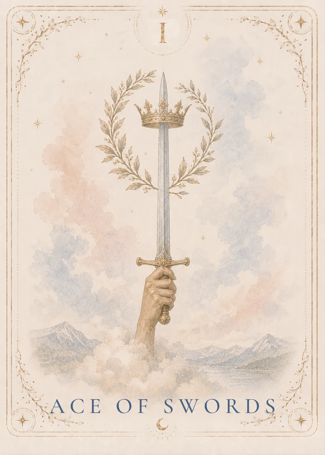A hand rises from pale clouds holding an upright sword through a gold crown, surrounded by curved leafy branches above distant mountains.