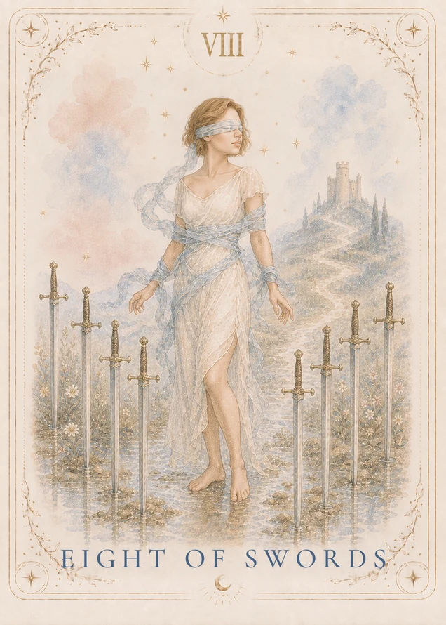 A blindfolded figure stands barefoot on a stony path with patterned cloth around the upper body and wrists; four upright swords stand on each side, and a tower rises on a hill behind.