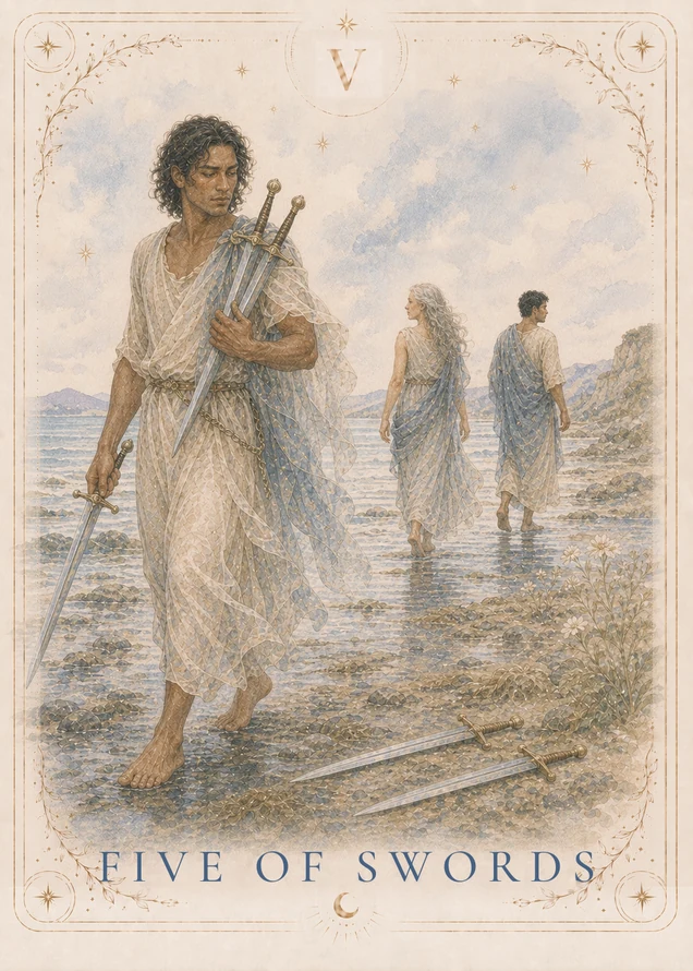 A figure holds three swords beside a rocky shoreline while two other figures walk farther away; two more swords lie on the ground in the foreground.