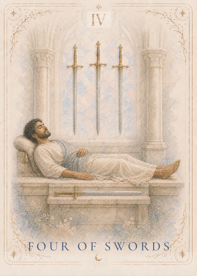 A robed figure reclines with closed eyes on a stone platform beneath an arch; three swords point downward above, and a fourth lies horizontally on the front ledge.
