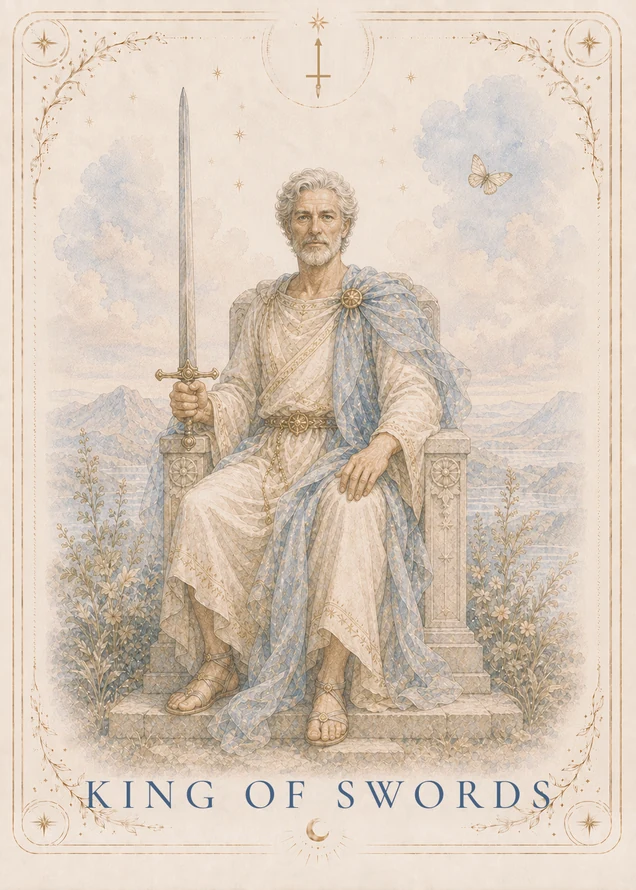 A gray-haired, bearded figure sits facing forward on a carved stone throne, holding a long upright sword, with a butterfly in the sky above distant mountains.