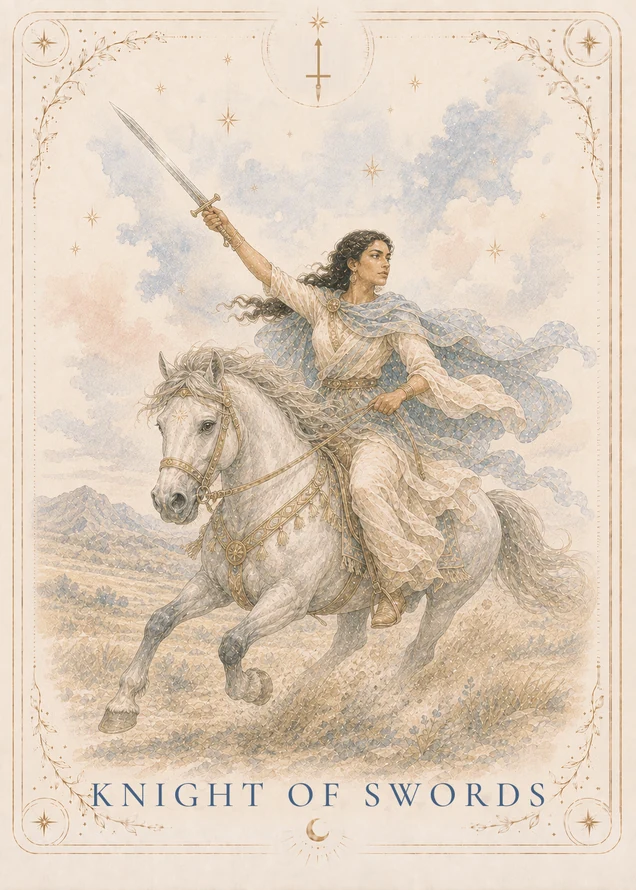 A rider on a pale horse raises a sword diagonally while holding the reins; a blue cloak streams behind them over a rocky landscape.