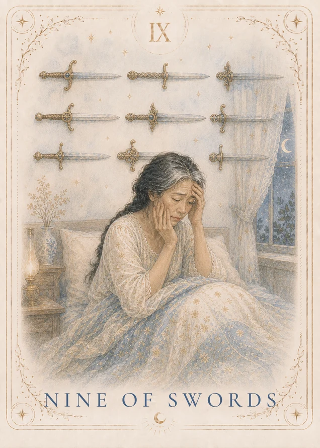 A figure sits upright in bed with one hand against the cheek and the other at the forehead; nine horizontal swords hang behind, with a lit lamp nearby and a crescent visible through the window.