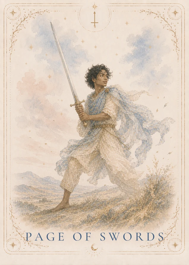 A dark-haired figure stands with feet apart on rocky ground, holding a long sword in both hands and looking to the side as a blue cloak streams outward.