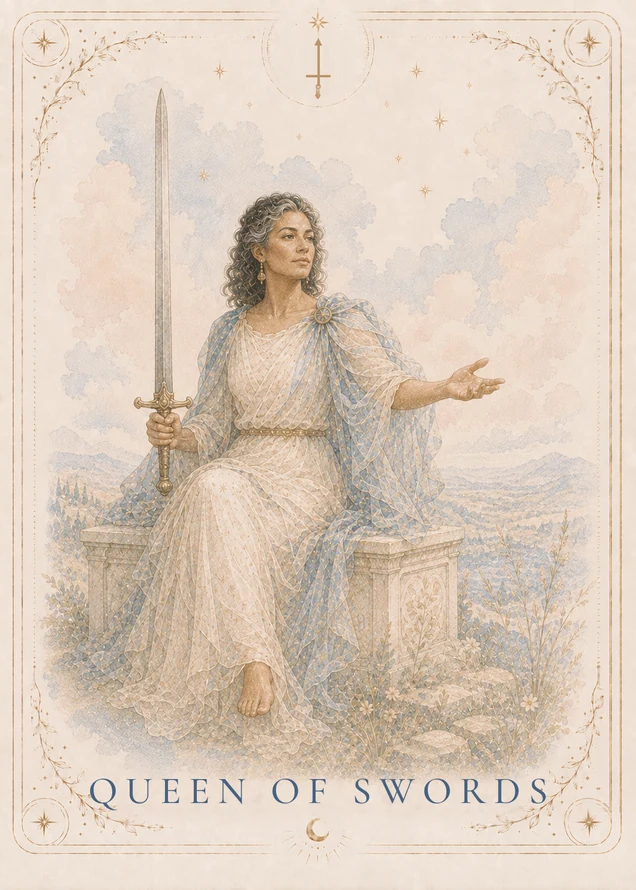 A gray-haired figure sits on a stone seat, holding an upright sword in one hand and extending the other with palm open, with clouds and distant mountains behind.