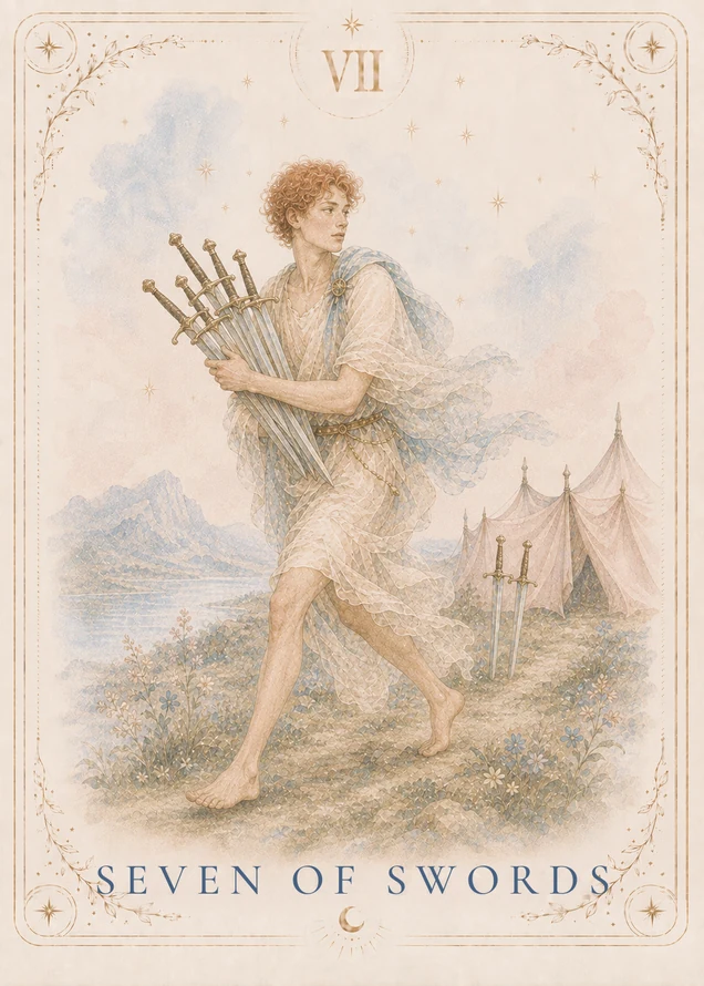 A barefoot figure in cream clothing and a blue cloak carries five swords while looking back; two swords stand in the ground beside tents behind the figure.