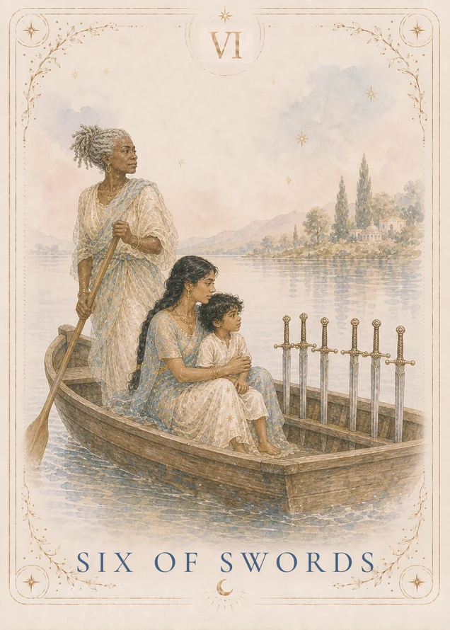 An older figure guides a wooden boat with an oar while a seated adult holds a child; six upright swords stand beside them, with water and a distant shore beyond.