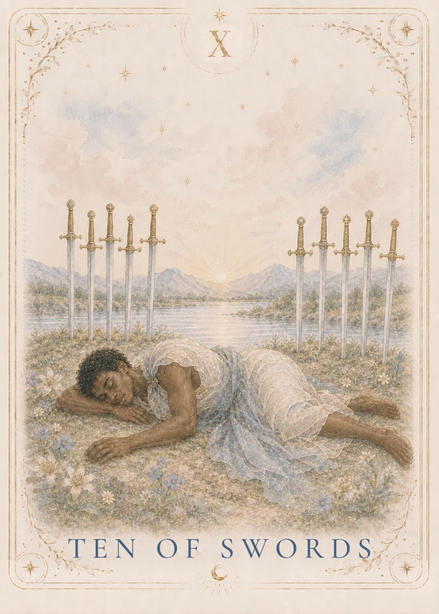 A figure lies on their side with eyes closed among flowers, with ten swords planted behind them beside water and a low sun between distant mountains.