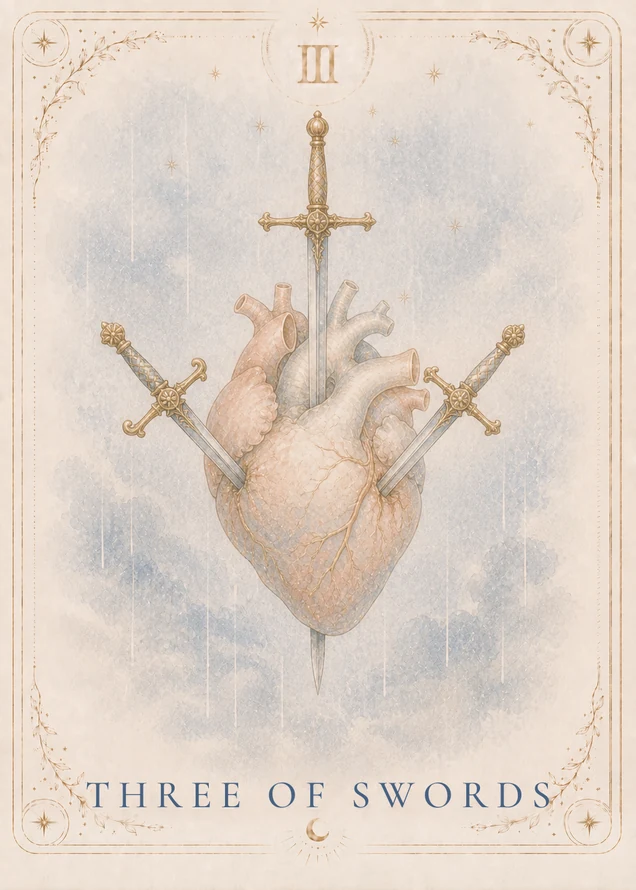 Three ornate swords pierce a pale, anatomically styled heart against a blue-gray background crossed by fine vertical rain lines.