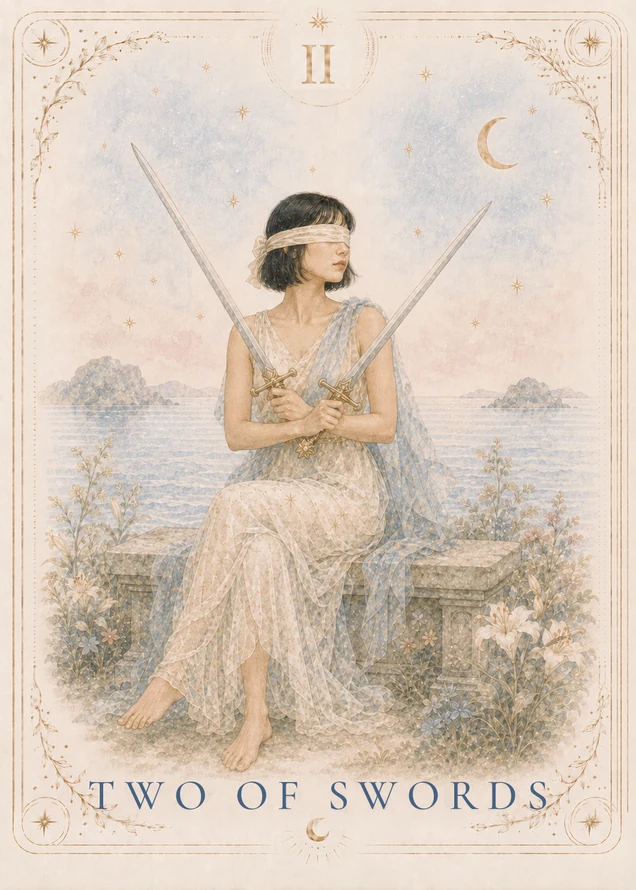 A blindfolded figure sits on a stone bench beside water, holding two swords with crossed forearms and the blades angled outward; rocks, flowers, and a crescent appear around the scene.