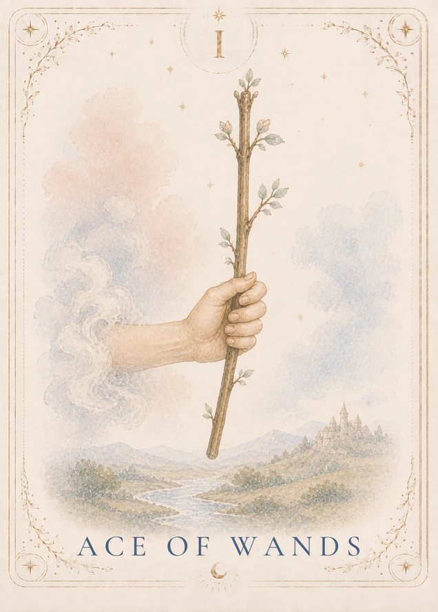 A hand emerging from pale clouds grips a leafy wand above a river valley, with a small castle on a distant hill.