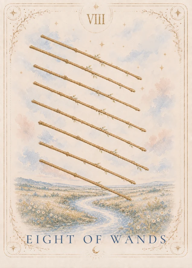 Eight leafy wooden wands cross the sky in parallel diagonals above a winding river and a low, flowered landscape; no people are pictured.
