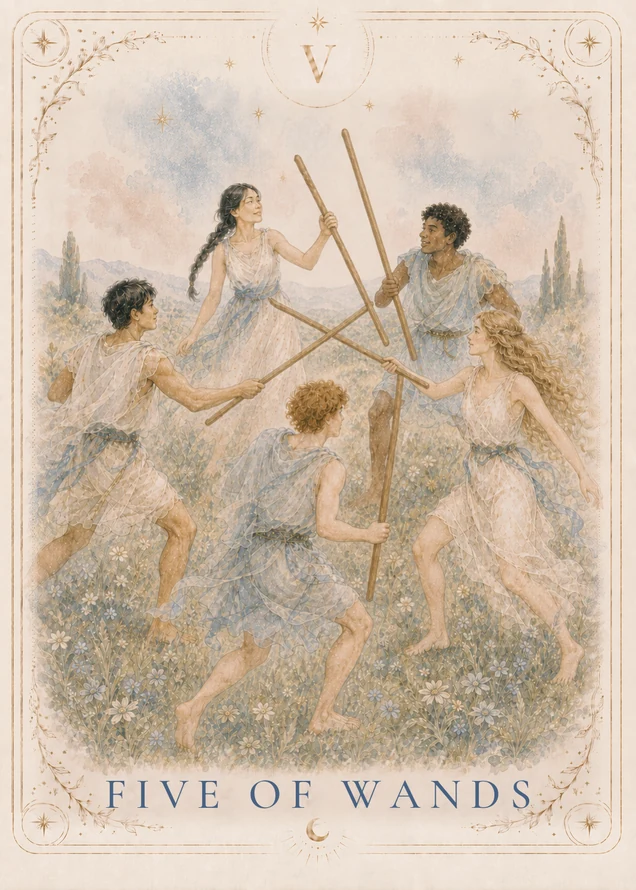 Five figures in cream and blue clothing hold wooden staves at different angles, crossing them in the center of a flowered clearing.