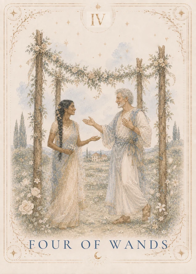 Two smiling figures gesture toward one another beneath a flower garland suspended among four wooden posts, with flowers, a path, and a small house behind them.