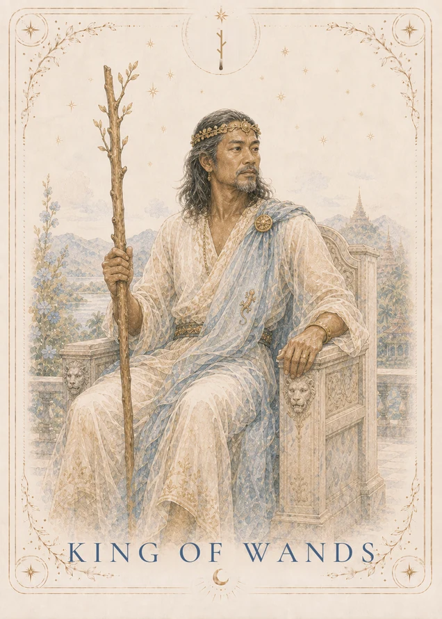 A dark-haired, bearded figure wearing a gold circlet sits on a pale stone throne with lion faces on its arms, holding a leafy wand beside a blue drape with a small gold lizard-shaped emblem.