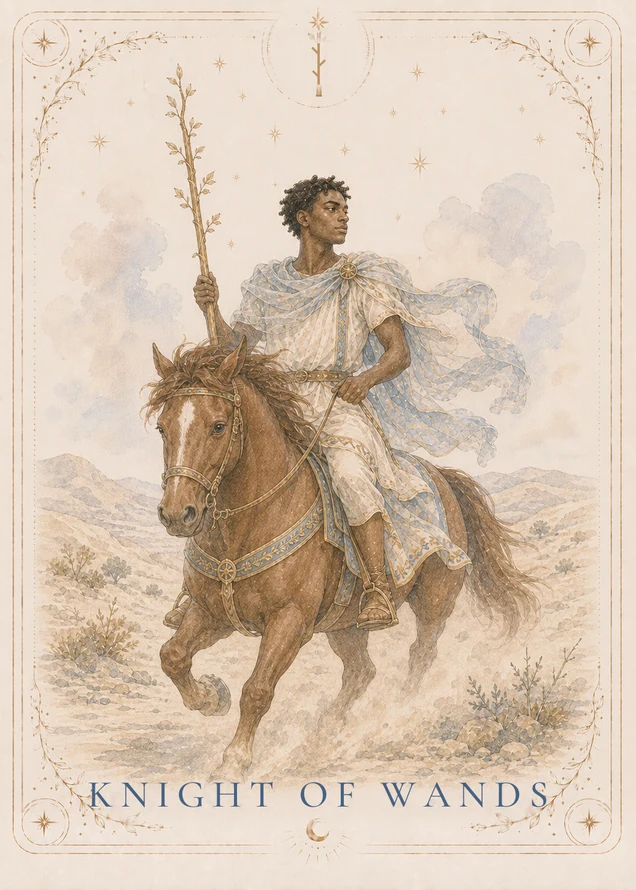 A rider carrying a leafy wand sits on a brown horse with one foreleg lifted; a blue cloak streams behind them above pale, rocky ground.