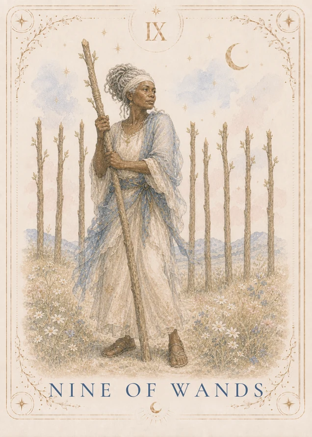 A figure with a cloth around the forehead holds one tall wand and looks to the side, with eight upright wands behind and a crescent above.