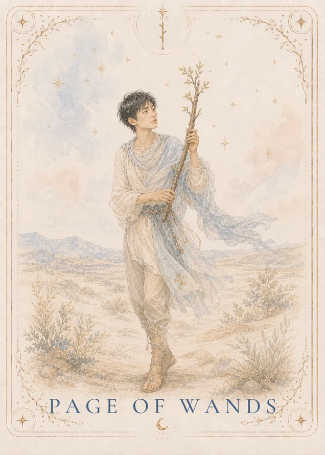 A short-haired figure in cream and blue stands on sandy ground, holding a leafy wand in both hands and looking toward its upper branches, with low mountains behind.