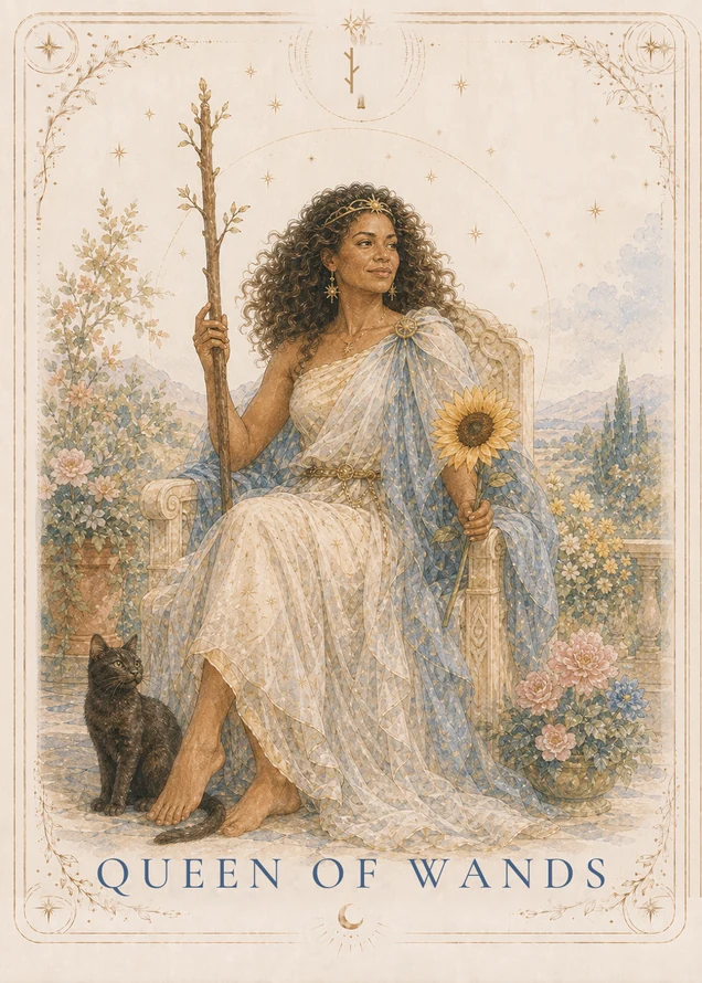A curly-haired figure wearing a gold circlet sits barefoot on a pale carved seat, holding a leafy wand and a sunflower; a dark cat sits beside the feet among flowers.