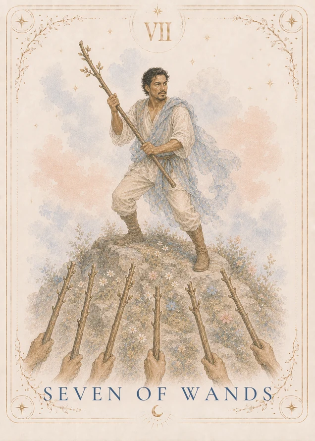 A figure stands with feet apart on a rocky rise, holding a leafy staff across their body while six other staves are raised from hands below.
