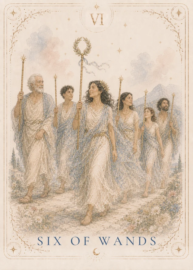 Six figures walk along a flower-lined path carrying gold staves; the leading figure wears a leafy crown and carries a staff topped with a wreath and blue ribbons.