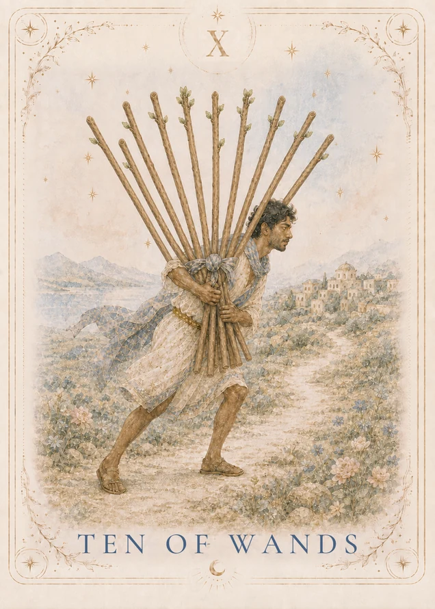 A figure leans forward along a stony path, holding a fan of ten leafy wooden staves with both hands; pale buildings stand ahead to the right.