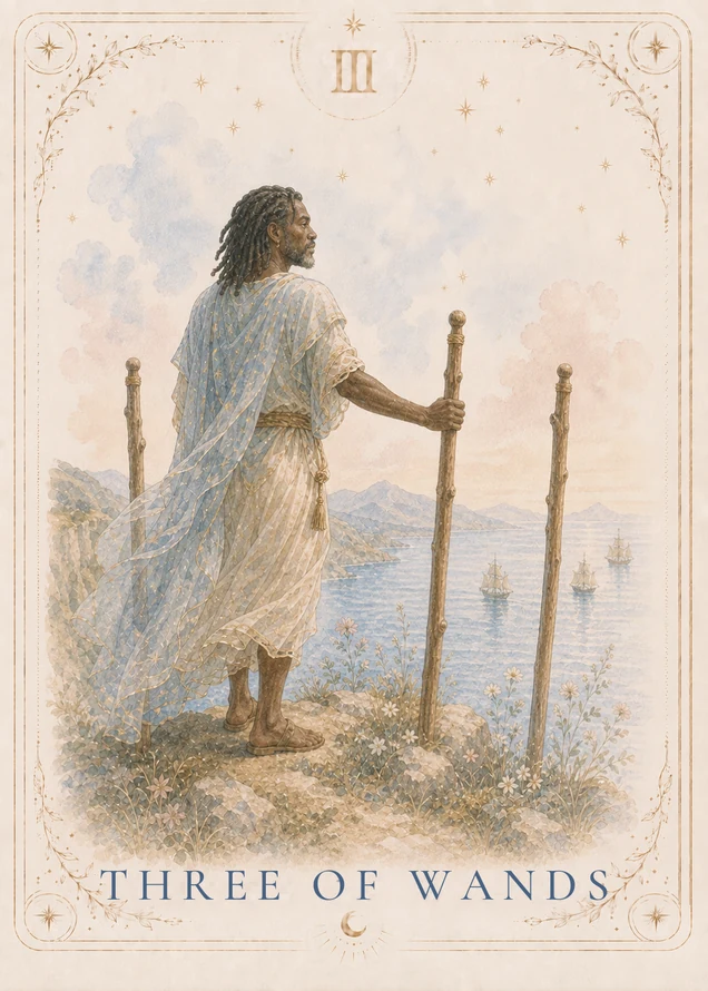 A figure stands among three upright wands on a flowering cliff, holding one wand and looking toward three sailing ships on the water below.