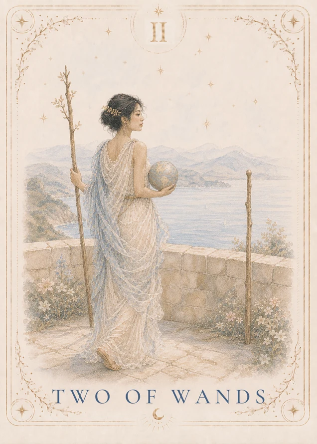 A figure holds a globe and a leafy wand on a stone terrace overlooking water and distant mountains, with a second wand standing beside the low wall.